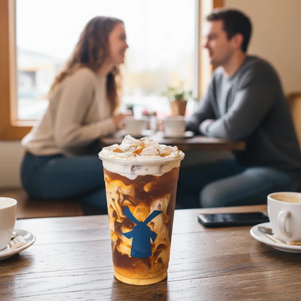 5 Seasonal Dutch Bros Iced Coffee Drinks 6 A dutch bros Iced Churro Cold Brew placed on a table with phone and coup of tea.