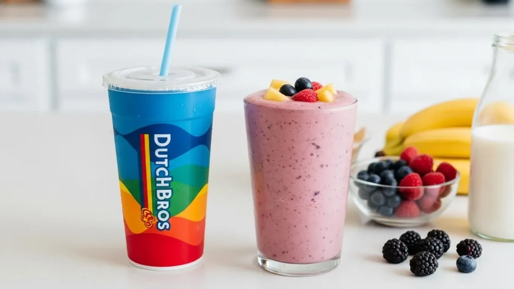 Dutch Bros Drinks Vs Homemade Smoothies: What’s the Better Choice? 2 A Dutch Bros smoothie cup next to a homemade fruit smoothie in a clear glass on a kitchen counter with fresh fruit around it.