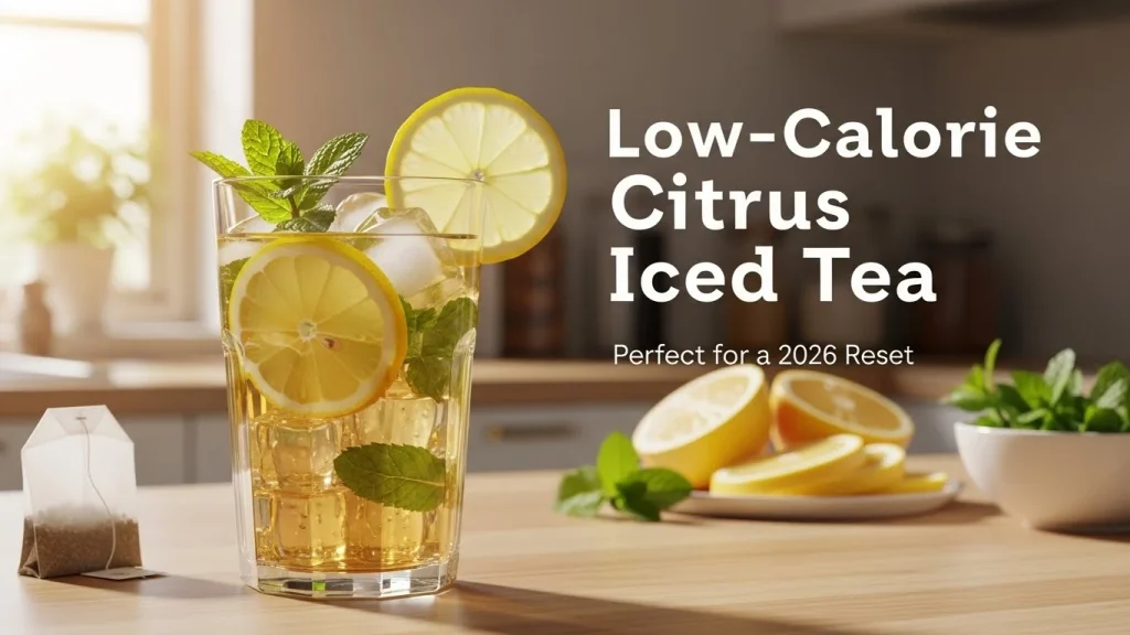 Best Low-Calorie Drinks to Start 2026 Strong 3 A glass of homemade low-calorie citrus iced tea with lemon and mint on a bright kitchen counter, featuring text about a 2026 reset.