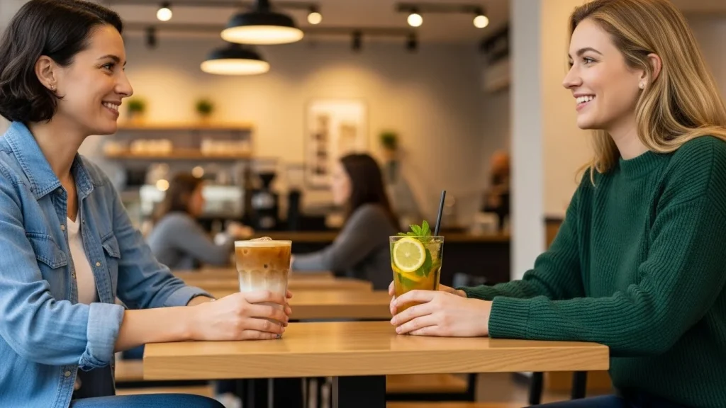 Best Low-Calorie Drinks to Start 2026 Strong 2 Two people enjoying low-calorie drinks in a modern coffee shop, sipping iced coffee and citrus iced tea in a relaxed setting.