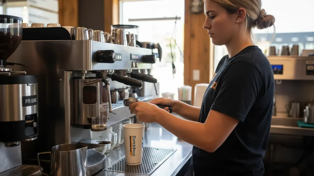 Dutch Bros Espresso: Everything You Should Know Before Your Next Shot 2 A woman making a Dutch Bros Espresso at coffee shop.