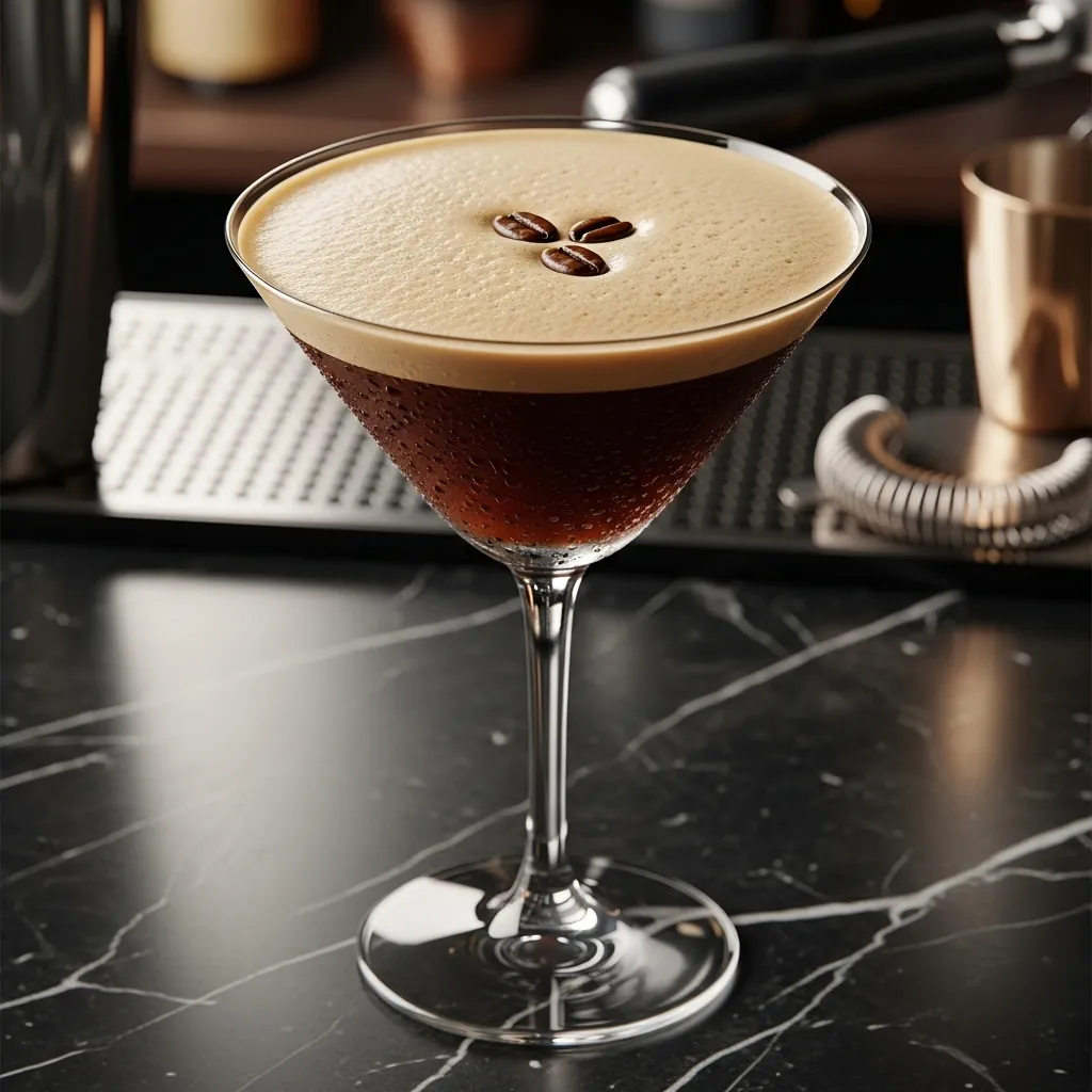 Espresso Martini Recipe Ideas That Actually Taste Like a Bar Made Them 2 A close-up, photorealistic image of a perfectly prepared Espresso Martini in an elegant chilled martini glass. The cocktail has a deep, rich coffee-brown color with a thick, velvety crema foam on top. Three whole coffee beans float symmetrically on the foam as traditional garnish, symbolizing health, wealth, and happiness. Subtle condensation beads on the outside of the glass. The drink sits on a dark marble bar counter with soft, moody warm lighting that highlights the foam and creates an inviting, luxurious atmosphere. Professional cocktail photography style, high detail, sharp focus, cinematic depth of field with a slightly blurred background showing hints of a cocktail shaker and espresso machine.