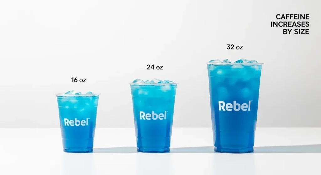 Dutch Bros Rebel Caffeine and Nutrition 2 Three Rebel energy drink sizes showing caffeine comparison by ounce size.