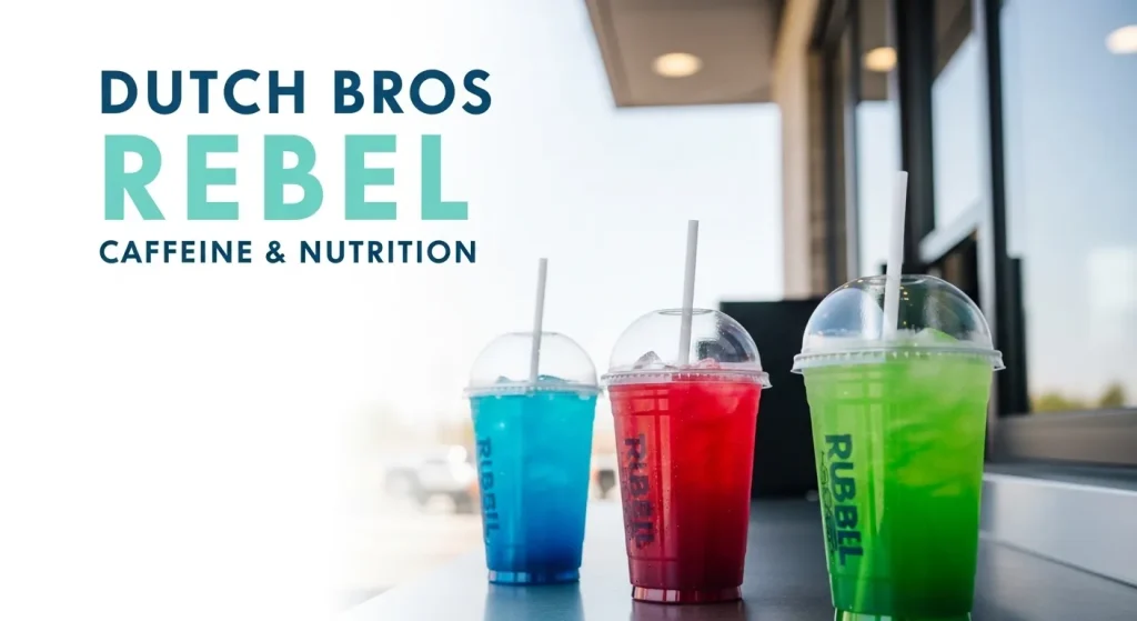 Dutch Bros Rebel Caffeine and Nutrition 4 Three colorful Rebel-style energy drinks on a drive-thru counter with caffeine and nutrition overlay text.