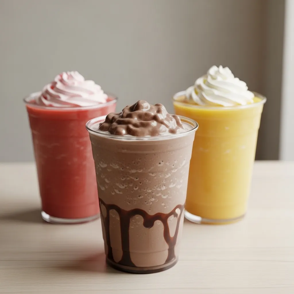 Dutch Bros Nutrition Menu 2 Strawberry smoothie, chocolate shake, and mango smoothie in clear cups