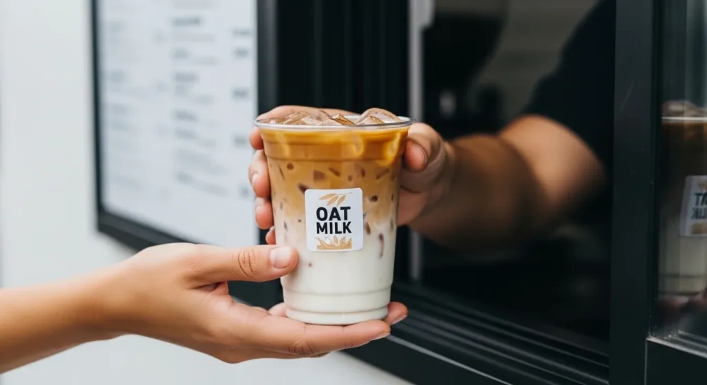 How to Navigate Dutch Bros Vegan Menu Choices 3 Barista handing oat milk iced latte at drive-thru with no whipped cream