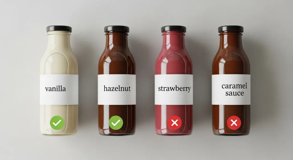 How to Navigate Dutch Bros Vegan Menu Choices 2 Vegan-friendly syrup bottles compared to caramel sauce at coffee shop