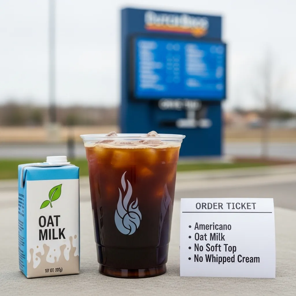 Dutch Bros Dairy-Free Guide 3 Iced Americano with oat milk and no whipped cream showing how to order dairy-free at Dutch Bros.