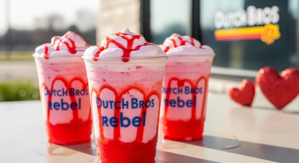 Dutch Bros Valentine Drinks Guide 2 Pink Dutch Bros Rebel drinks with soft top and red drizzle styled for Valentine’s Day.