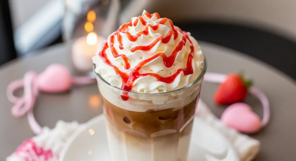 Dutch Bros Valentine Drinks Guide 3 Iced strawberry white chocolate mocha with whipped cream and strawberry drizzle.