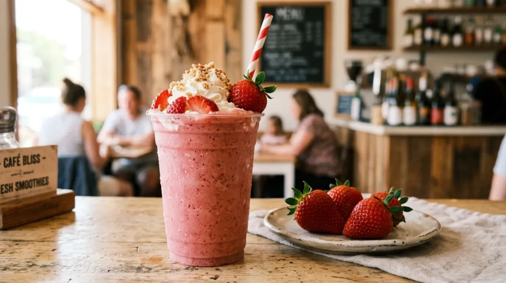 Dutch Bros Strawberry Smoothie (Price, Calories & Ingredients) 2 Pink strawberry smoothie in clear cup with fresh strawberries.