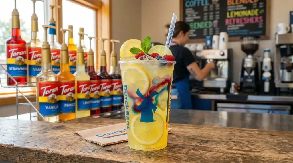 Does Dutch Bros Have Sugar-Free Lemonade? Low-Sugar Options Explained 2 A bright iced lemonade drink from Dutch Bros in a clear plastic cup with lemon slices and colorful syrup swirl, placed on a café counter with sunlight.