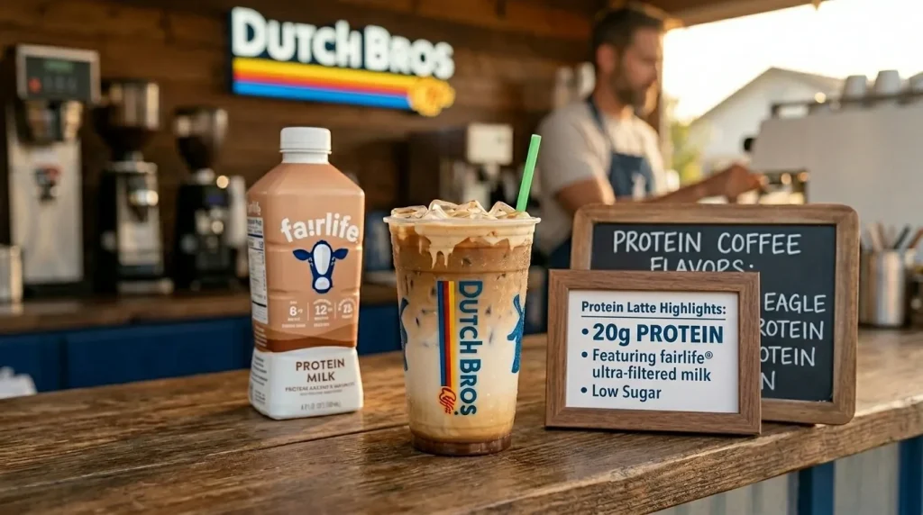 Dutch Bros Protein Milk: What It Is, Calories, and Protein 2 A Dutch Bros protein latte next to a small nutrition card highlighting 20g protein with espresso machine and café background.