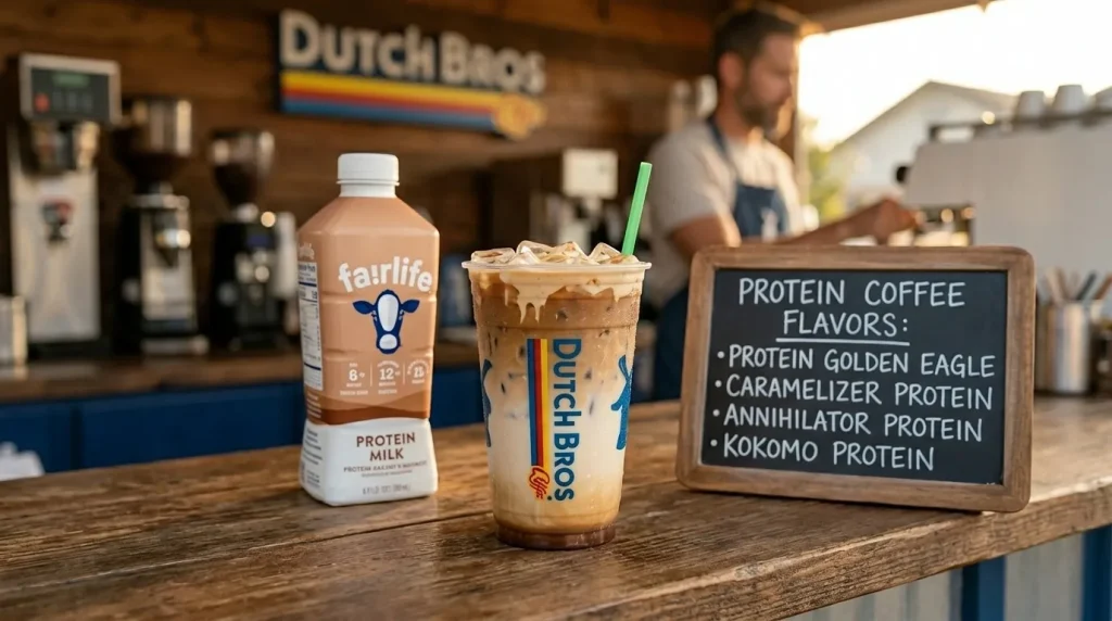Dutch Bros Protein Coffee Menu Prices, Calories & Flavors 2 A Dutch Bros protein latte on a wooden café counter with protein milk carton beside it and a small menu board showing protein coffee flavors.