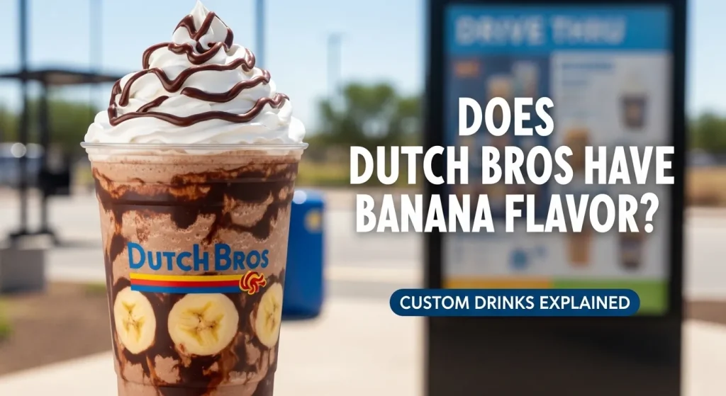 Does Dutch Bros Have Banana Flavor? 2 Dutch Bros style banana chocolate iced drink with whipped cream and text about banana flavor availability.
