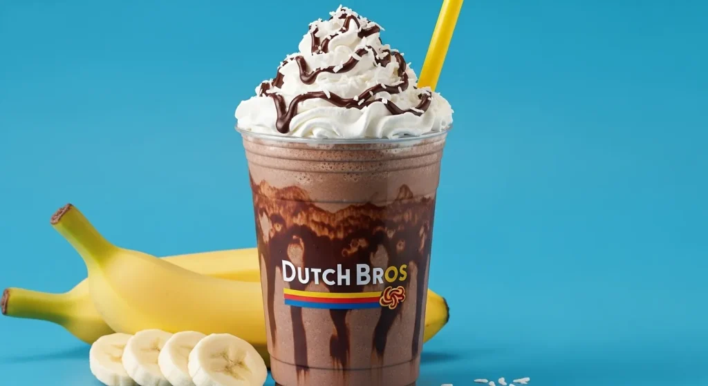 Bob Marley Dutch Bros Drink Price, Flavor & How to Order 2 A Dutch Bros iced mocha-style drink with whipped cream, chocolate drizzle, and tropical elements like banana slices and coconut flakes.