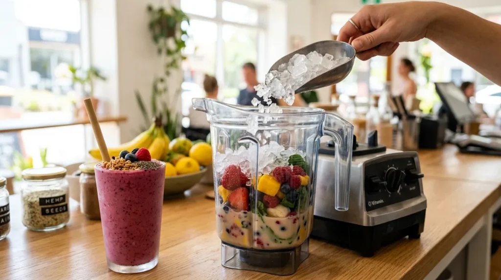 Dutch Bros Smoothie Ingredients (Full Breakdown by Flavor) 4 Crushed ice blending into fruit smoothie for thick texture.