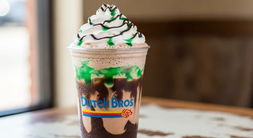 Dirty Caterpillar Dutch Bros Drink Price & How to Order 2 A chocolate mint iced coffee drink with whipped cream, chocolate drizzle, and green mint accents in a clear cup on a café-style background.