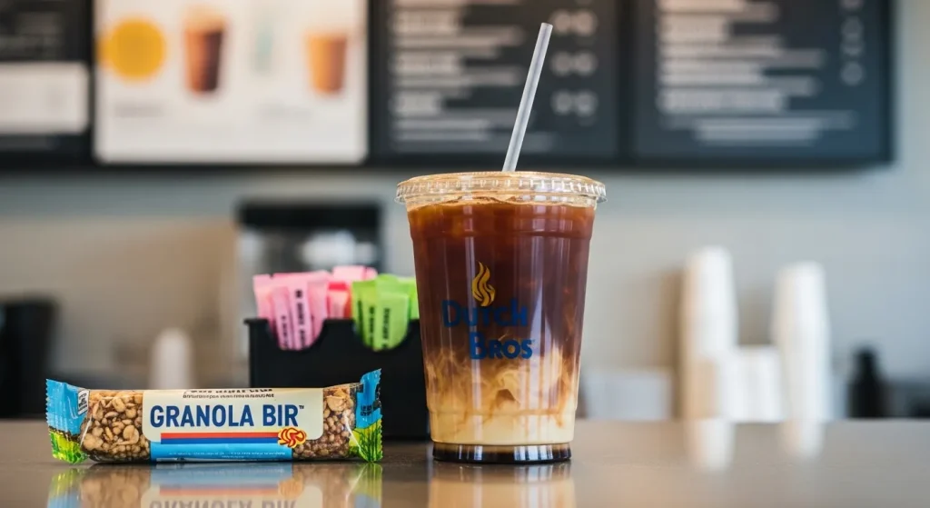 Dutch Bros Granola Bar Price ( Menu & Details) 2 A Dutch Bros counter with a wrapped granola bar next to an iced coffee, menu board slightly blurred in the background.