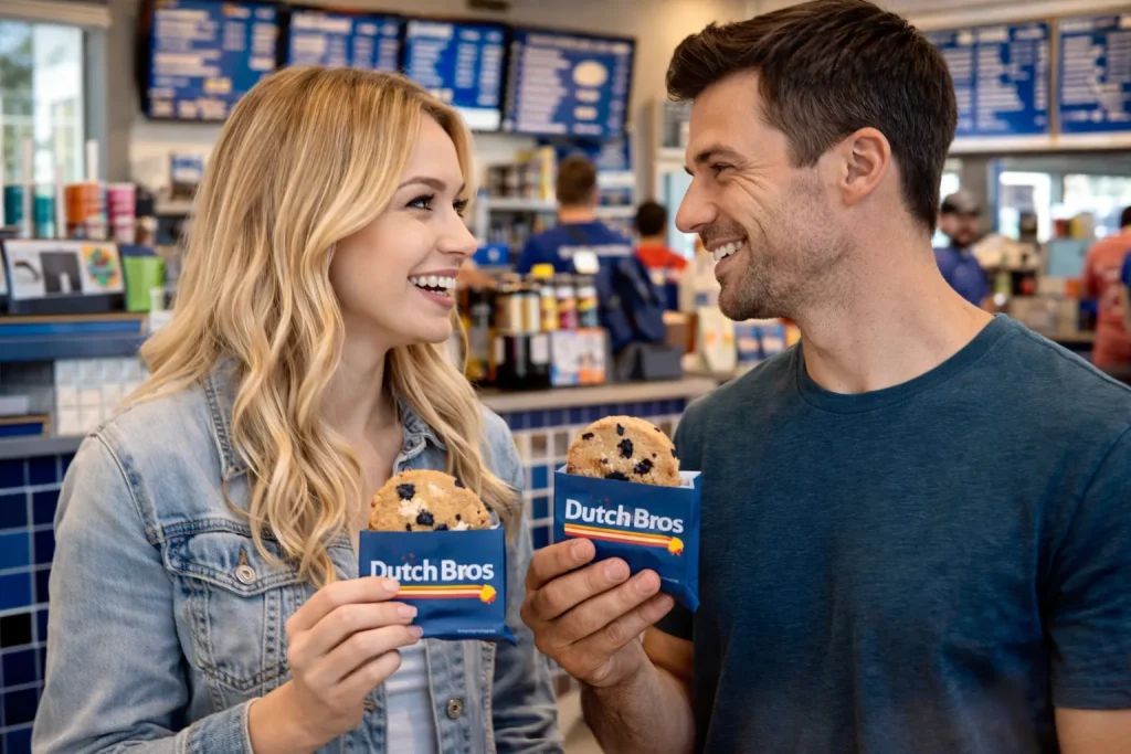 Dutch Bros Muffin Top Price (Chocolate Chip & Flavors) 2 A young couple talking dutch bros muffin top in a dutch bros coffee shop