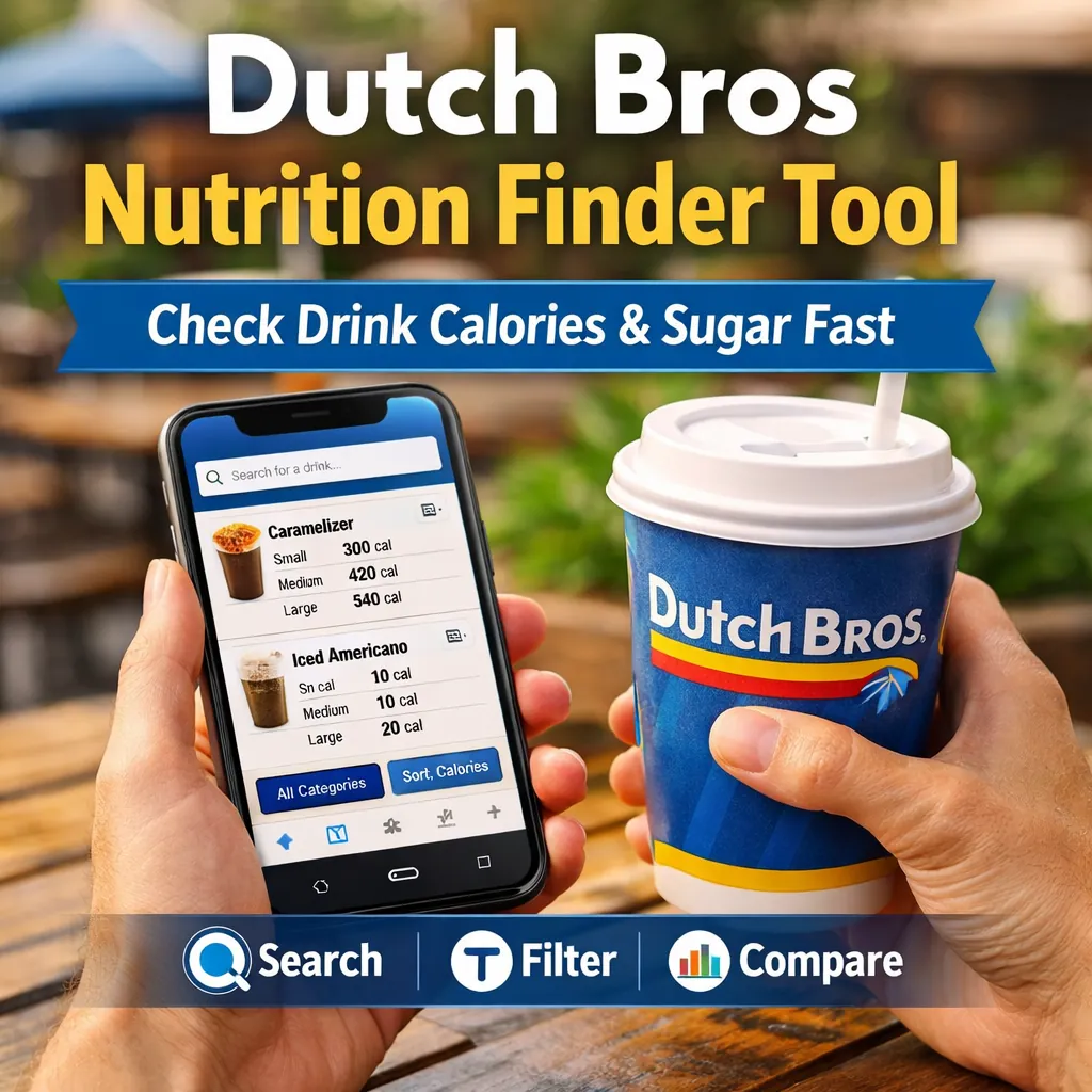 Dutch Bros Nutrition Calculator App 3 Person holding a Dutch Bros coffee and smartphone showing a nutrition finder app with drink calorie details and bold “Nutrition Finder Tool” text