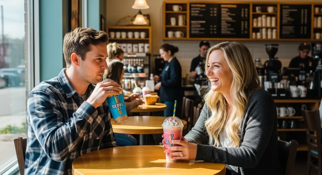 Dutch Bros Rebel Secret Menu 2 A couple drinking Dutch Bros Rebel energy drinks in a coffee shop