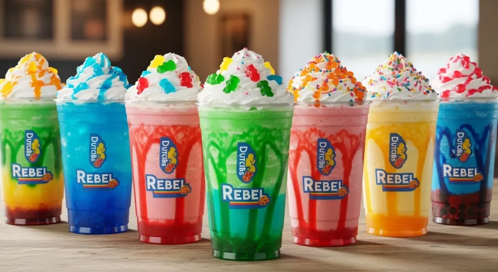 Dutch Bros Rebel Secret Menu 3 A lineup of colorful Dutch Bros Rebel energy drinks in iced and blended styles with fruit syrups and toppings.