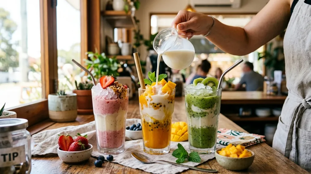 Dutch Bros Smoothie Ingredients (Full Breakdown by Flavor) 1 Three fruit smoothies with visible purée, ice, and milk base.