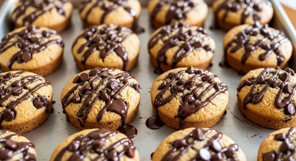Dutch Bros–Style Chocolate Chip Muffin Top Recipe 2 Freshly baked chocolate chip muffin tops on a baking tray with melted chocolate chips and golden edges.
