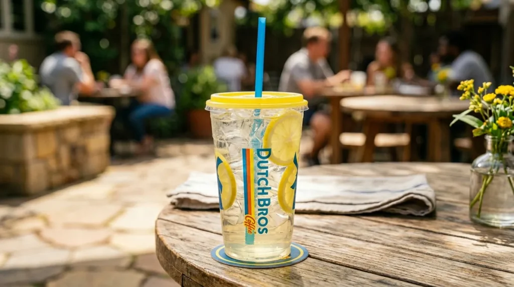 Dutch Bros Electric Berry Lemonade Price, Calories & Flavors 2 Blue citrus iced lemonade in a Dutch Bros style cup on sunny outdoor table.