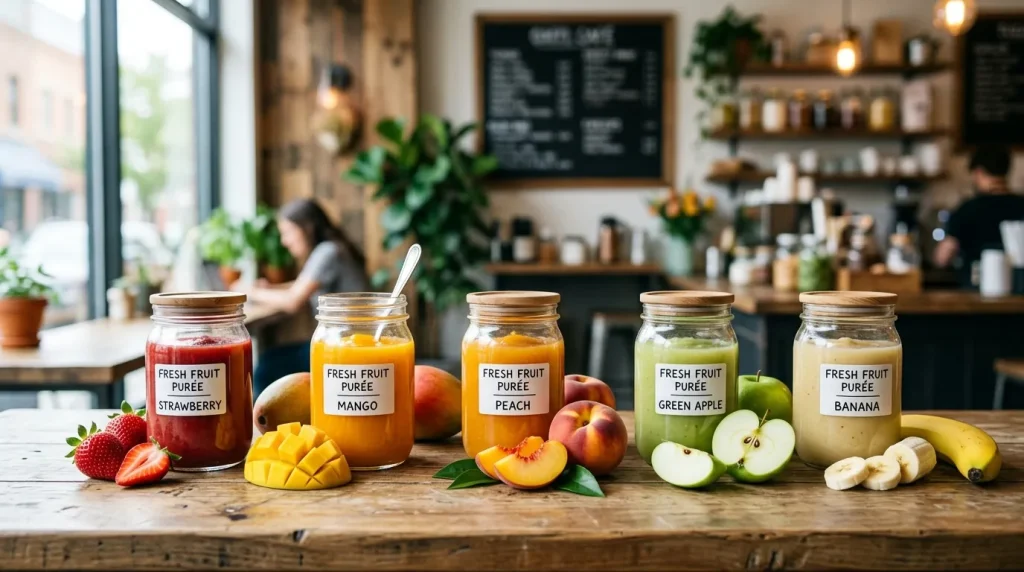 Dutch Bros Smoothie Ingredients (Full Breakdown by Flavor) 2 Colorful fruit purée containers with strawberry, mango, and peach bases.