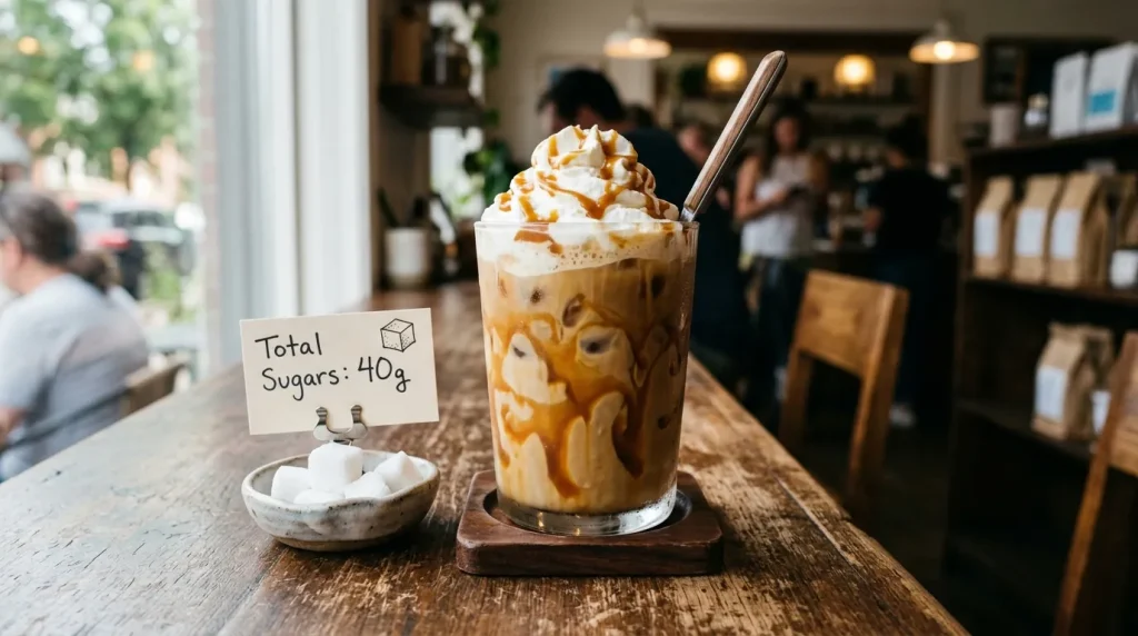 Why Your Dutch Bros Drink Is So High in Sugar (Lower-Sugar Swaps) 2 Large caramel iced coffee with whipped cream and 40g sugar label.