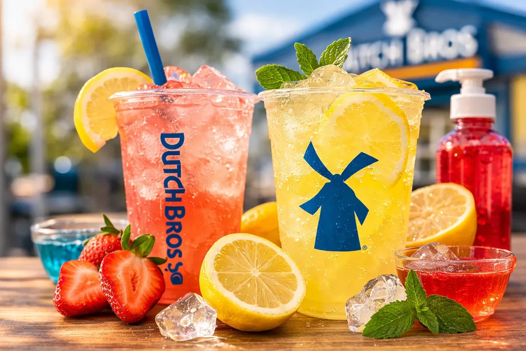 Dutch Bros Lemonade Ingredients: What’s Actually in the Drink? 2 Dutch Bros lemonade drinks with fresh lemons, strawberries, and flavored syrups on a wooden table.