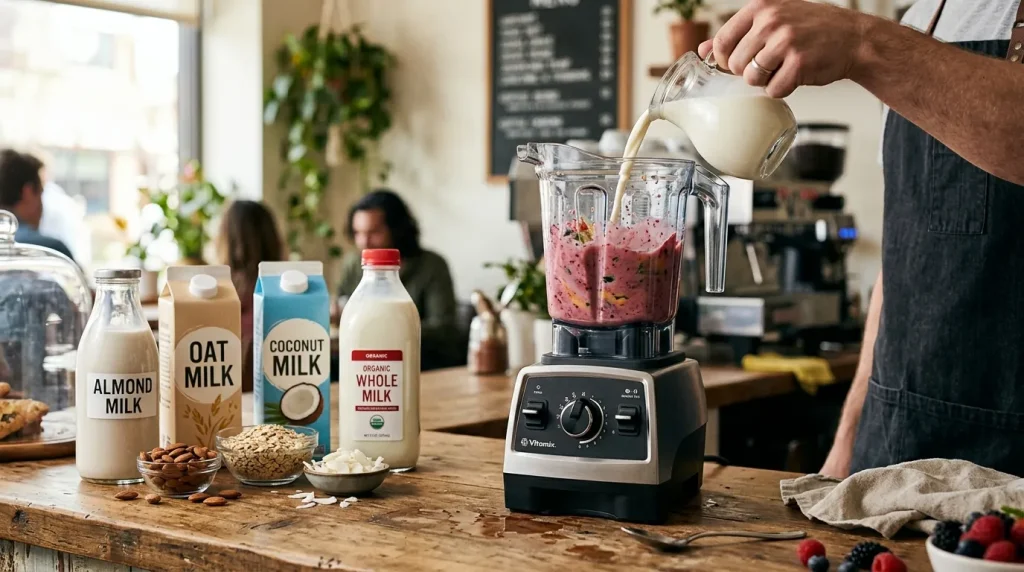 Dutch Bros Smoothie Ingredients (Full Breakdown by Flavor) 3 Milk poured into fruit smoothie blender with dairy-free options nearby.