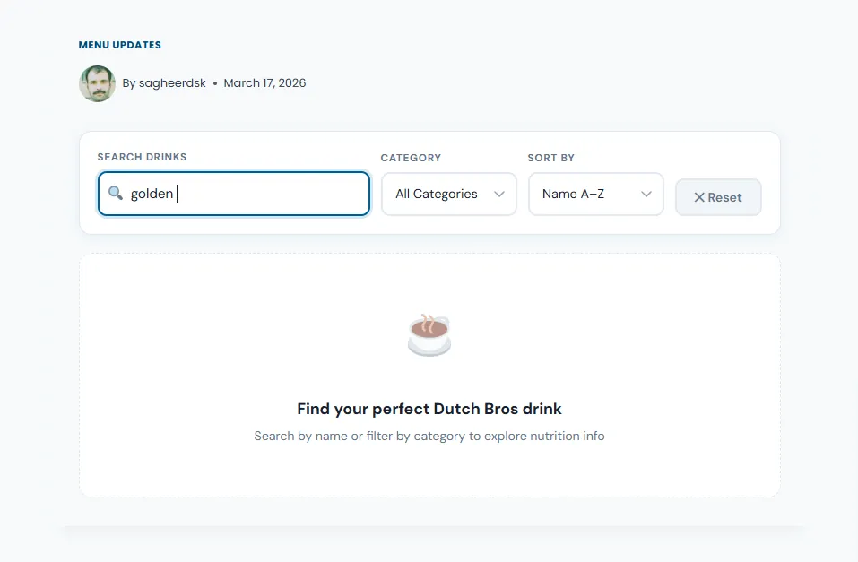 Dutch Bros Nutrition Calculator App 1 A live app of Nutrition Finder Tool screenshot.