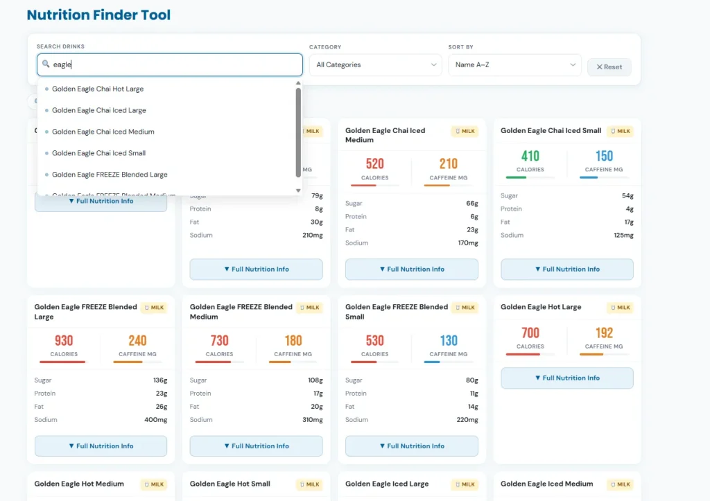 Dutch Bros Nutrition Calculator App 2 screenshot-of dutch bros Nutrition Finder Tool.