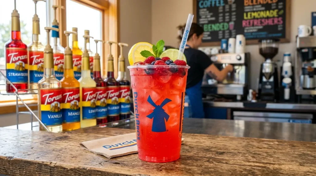 Vampire Slayer Dutch Bros Drink Price, Calories & Recipe 2 A bright red Dutch Bros style lemonade drink with ice in a clear cup, topped with a citrus slice and berries, placed on a café counter with colorful syrup bottles in the background.