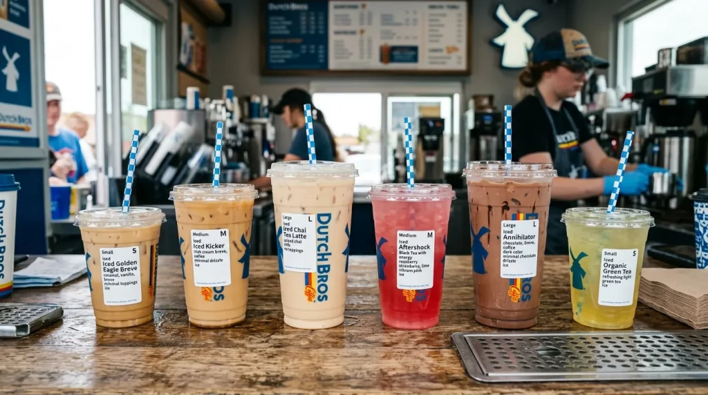 Save This List: 12 Low-Cal Dutch Bros Drinks for Your Next Order! 2 A Dutch Bros iced coffee and tea lineup on a counter with visible size cups and minimal toppings.
