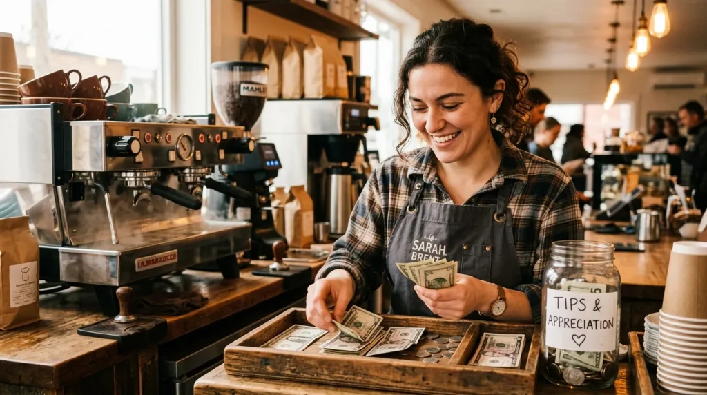Dutch Bros Broista Pay, Hiring Age & Job Overview 3 A barista counting cash tips and smiling, tip jar visible on counter, coffee cups and espresso machine