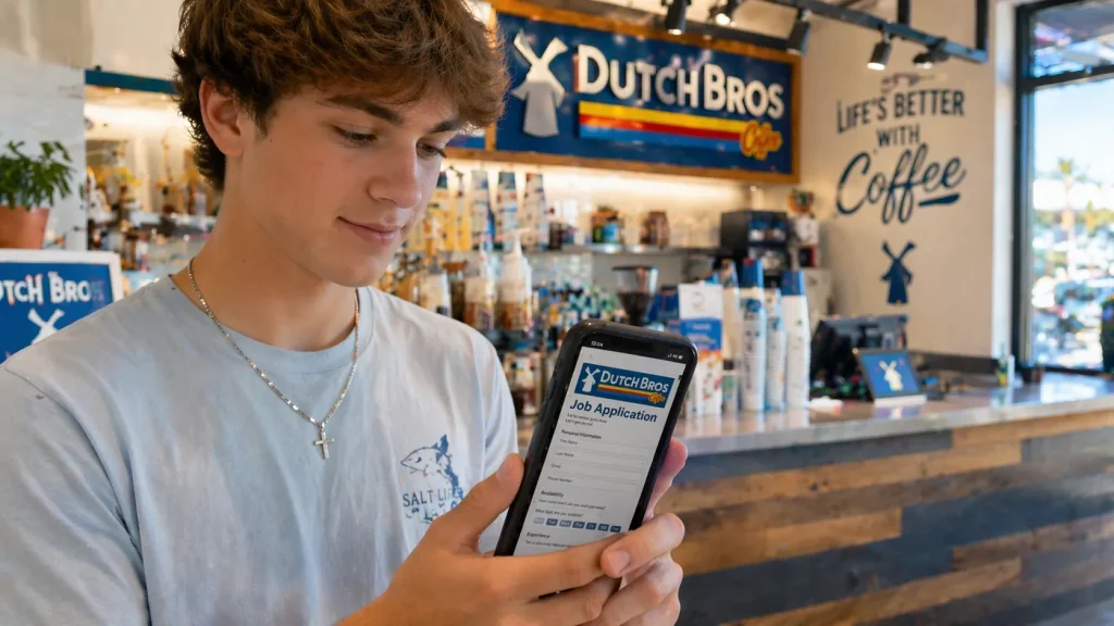 Dutch Bros Broista Pay, Hiring Age & Job Overview 4 A young job applicant talking confidently with a manager inside a small coffee stand