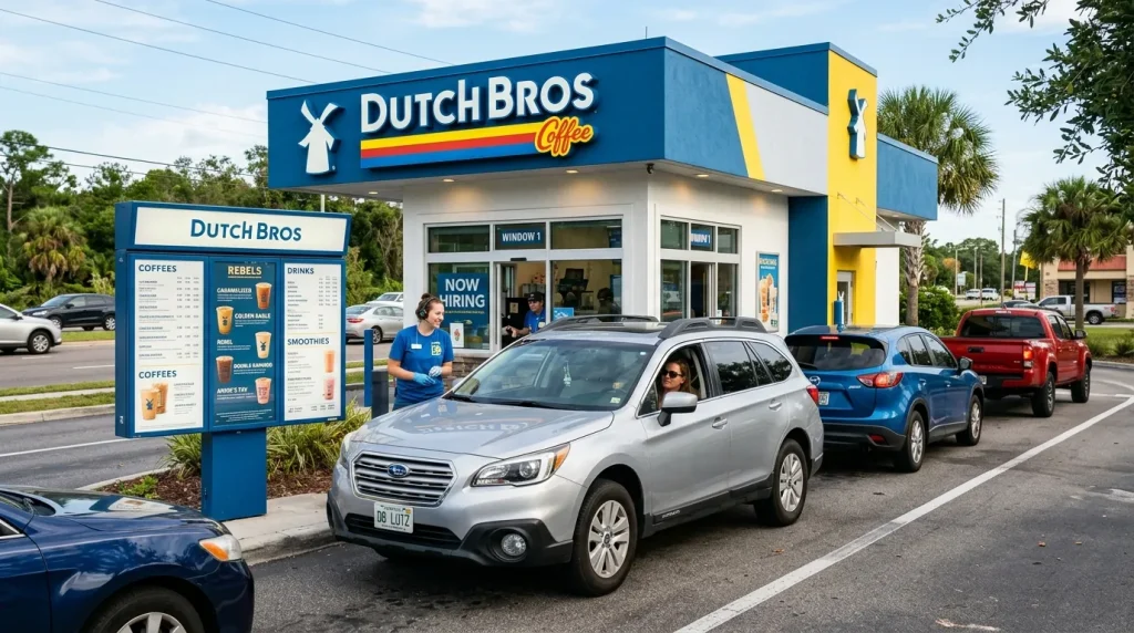 Dutch Bros Coffee Lutz Menu With Prices 3 Dutch Bros Lutz drive-thru stand with cars ordering and menu board visible