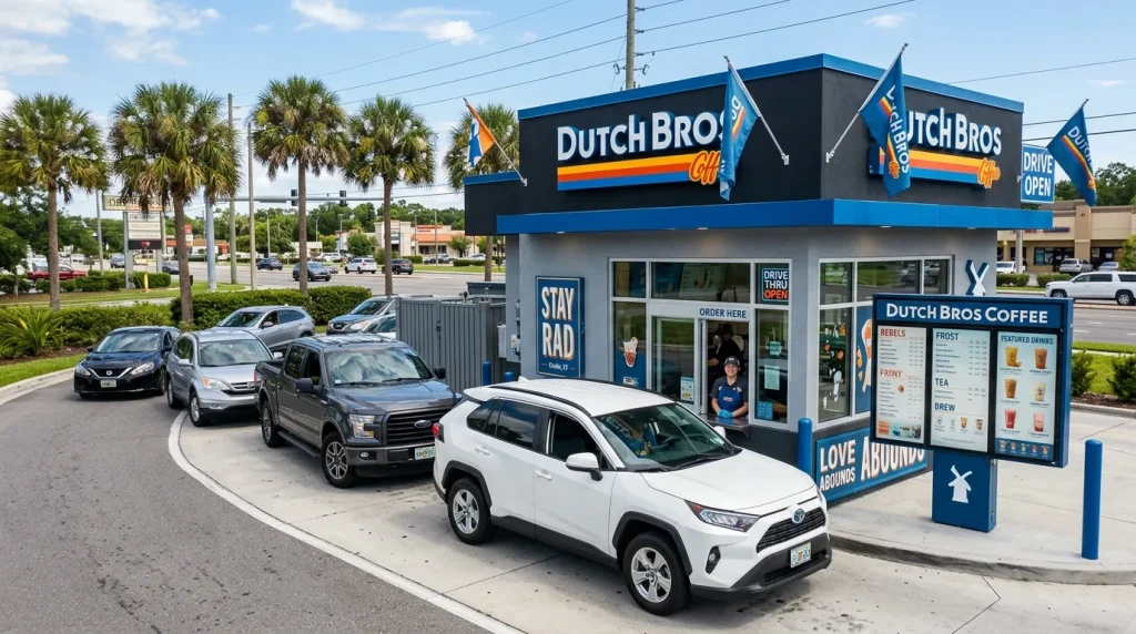 Dutch Bros Coffee Ocala Menu With Prices 2 Dutch Bros Ocala drive-thru stand with cars lined up and menu board visible.