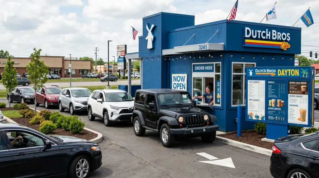 Dutch Bros Coffee Dayton Menu With Prices 2 Dutch Bros Dayton drive-thru stand with menu board and cars waiting in line