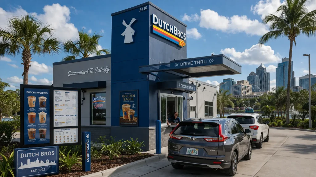 Dutch Bros Celebrates 1,000th Store Opening in Orlando 2 Exterior of a Dutch Bros drive-thru in Orlando with customers ordering drinks.
