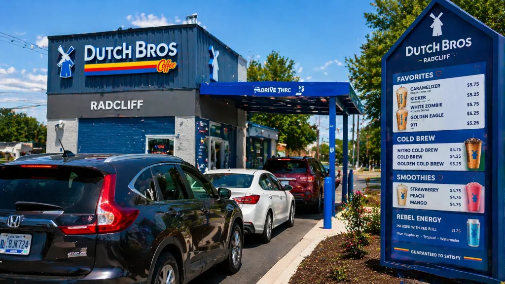 Dutch Bros Coffee Radcliff Menu With Prices 3 Dutch Bros Radcliff drive-thru stand with menu board and cars waiting in line