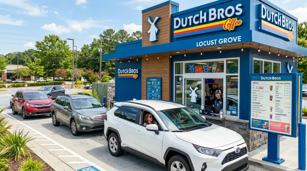 Dutch Bros Coffee Locust Grove Menu With Prices 2 Dutch Bros Locust Grove drive-thru stand with menu board and customers ordering drinks.