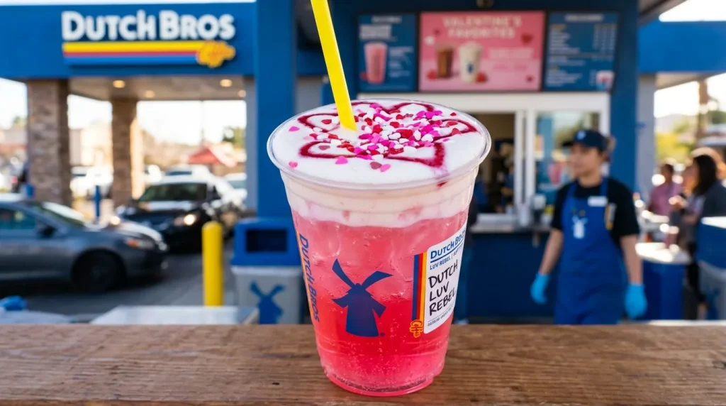Dutch Luv Rebel Dutch Bros (Prices, Caffeine, Flavor Guide) 3 A bright pink Dutch Luv Rebel drink in a clear cup with Soft Top and Valentine-themed decorations.