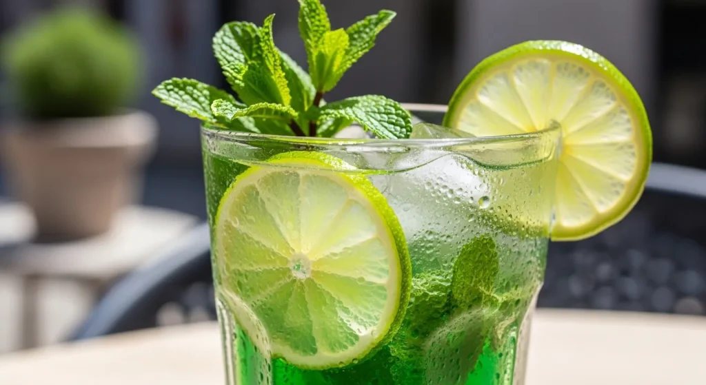 Dutch Bros Dutch Mojito: Menu, Prices, Sizes & Flavors 3 A refreshing iced mint lime drink in a clear cup, condensation on glass, fresh mint leaves and lime slices visible