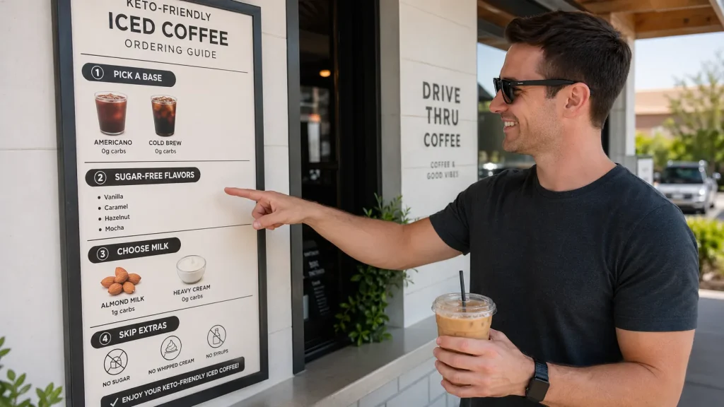 12 Keto Dutch Bros Drinks (Low-Carb + Sugar-Free Guide) 7 Person ordering keto iced coffee with step-by-step drink customization guide at café