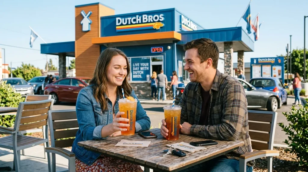 Save This List: 12 Low-Cal Dutch Bros Drinks for Your Next Order! 7 Peach Iced Tea couple in a coffee shop